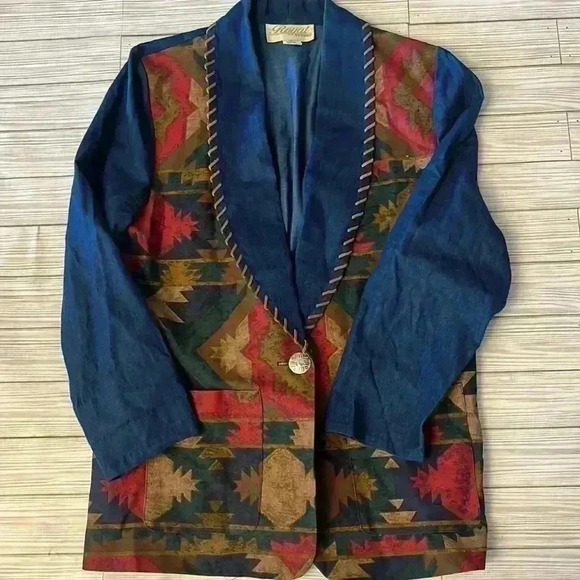 Southwestern Denim Leather Blazer - Picture 1 of 6